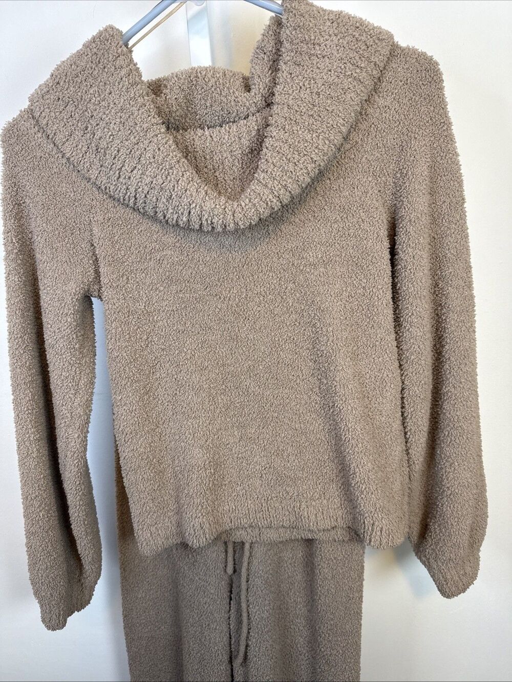 Beige Ultra Soft Teddy Bear Loungewear Set Cowl Crop Sweater Bell Pant Sz Sm
